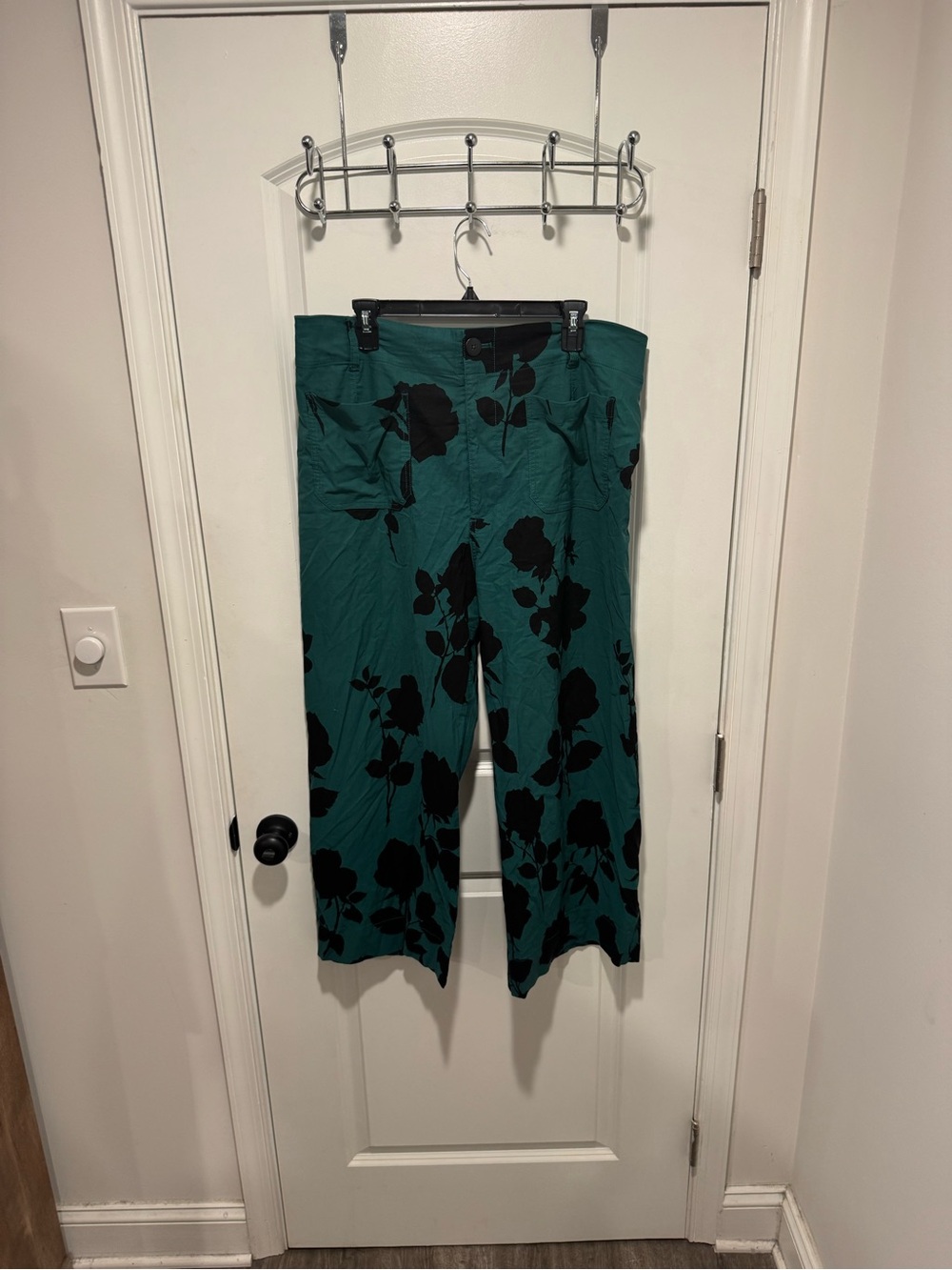 Anthropologie Teal Wide-Leg Pants with Black Floral Print